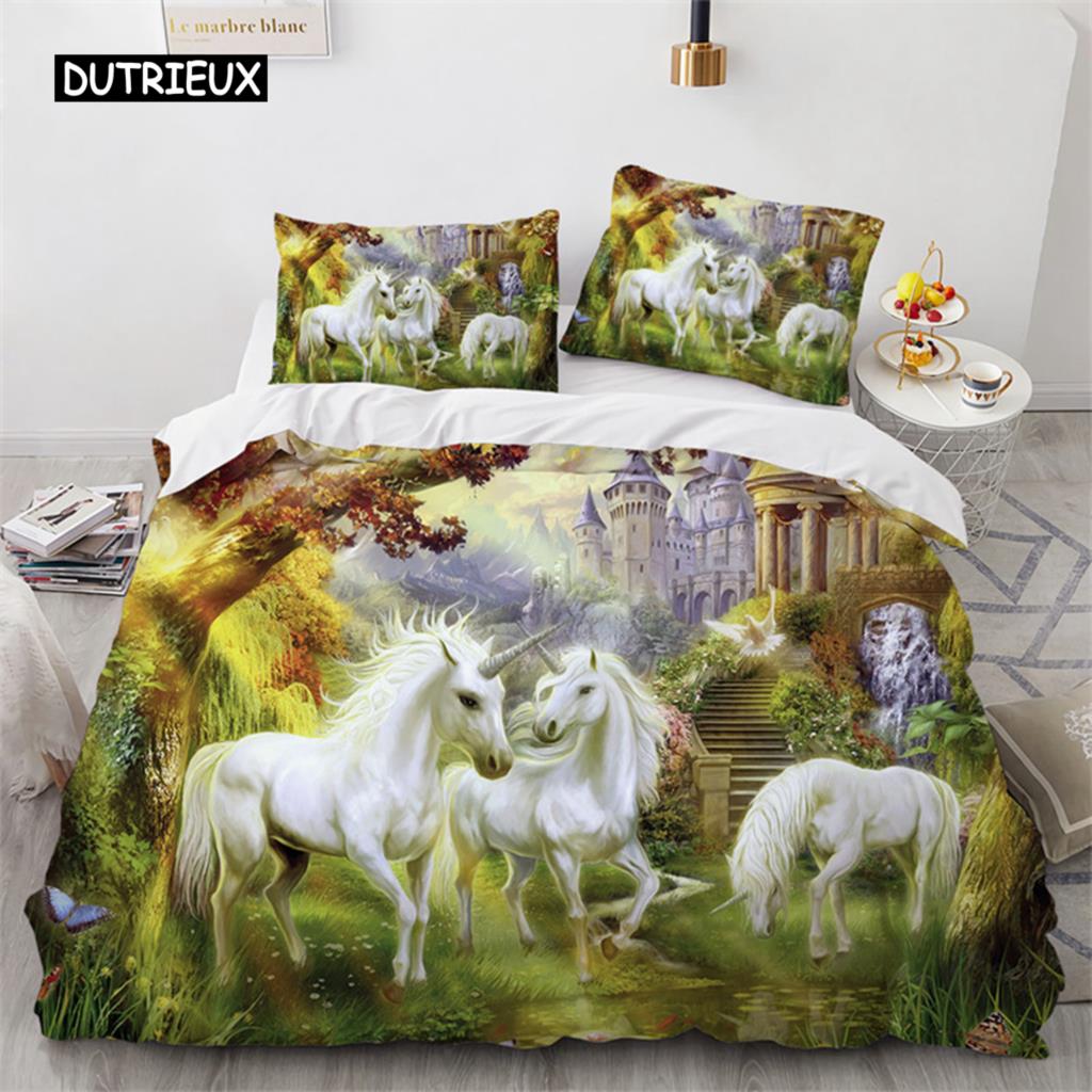 Duvet Cover Cartoon Unicorn Floral Bedding Set Microfiber Flying Horse Comforter Cover Full Queen Children Girls Bedroom Decor