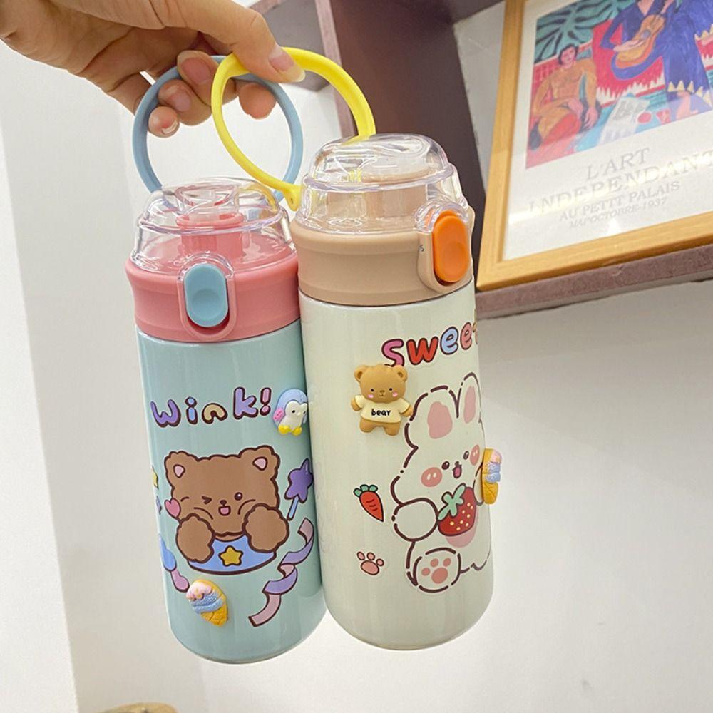 With Straw Cartoon Insulated Water Bottle Large Capacity Thermos Tumbler Car Vacuum Flask  Children