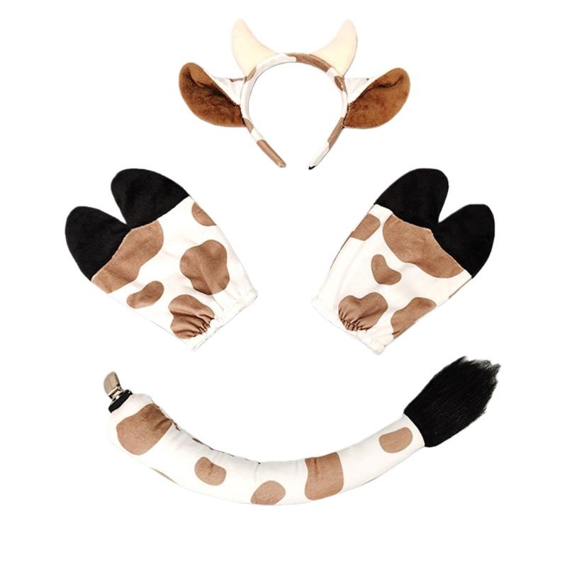 Cow Costumes Set Cow Ears Headband Tail Gloves Animal Fancy Costume Kit Accessories for Halloween Cosplay Dressing Up