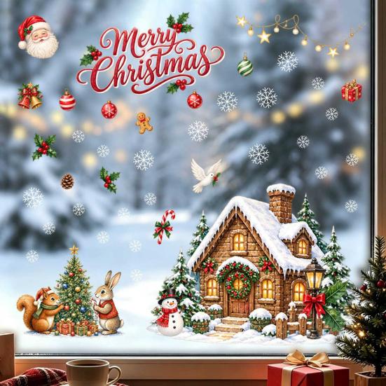 Indoor Window Glass Ornaments Christmas Clings, Snowy Village House Xmas Tree Squirrel Rabbit Clings Sticker, Double-Sided Static Decal for