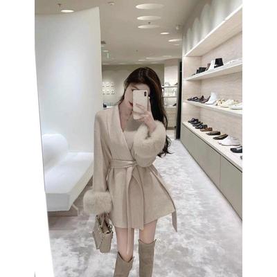 Elegant Apricot Wool Blend Cardigan Coat for Women - Long-Sleeved, Waist-Tied, Fur-Trimmed, Perfect for Autumn and Winter