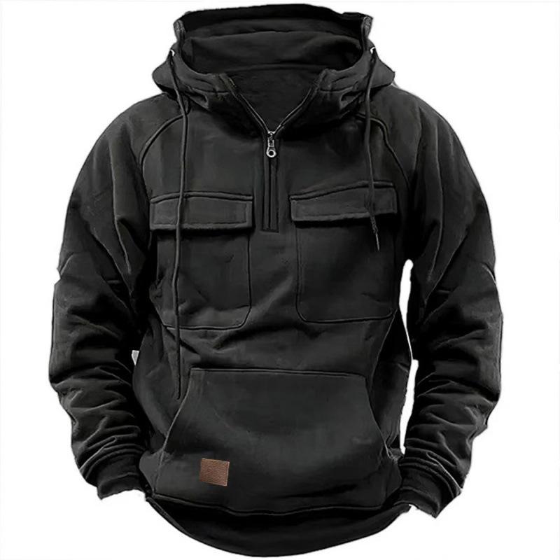 Men's Hooded Multi-Pocket Leather Patch Sweatshirt - European & American Style