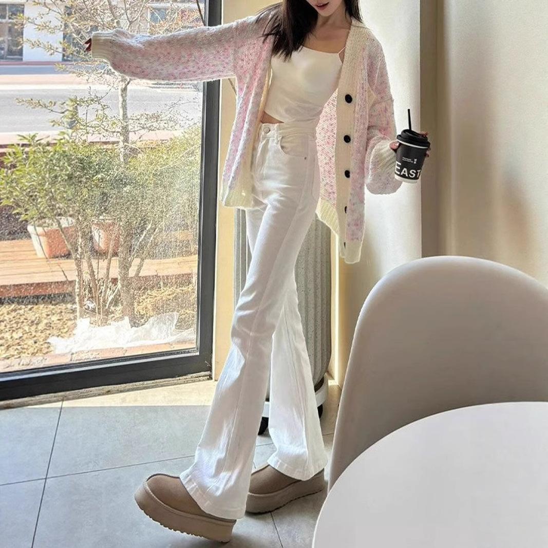 

Удобные белые джинсы микро-клеш с высокой посадкой, зауженные прямые большого размера для женщин, эластичные джинсы-клеш в форме подковы, длинные брюки, джинсы для женщин, длинные джинсовые брюки 4XL