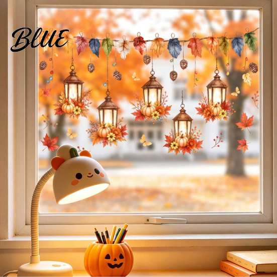 Static Cling Window Decals Autumn Maple Leaf And Lantern Sticker Double Sided PVC Waterproof Thanksgiving Party Decor Decals Removable Electrostatic