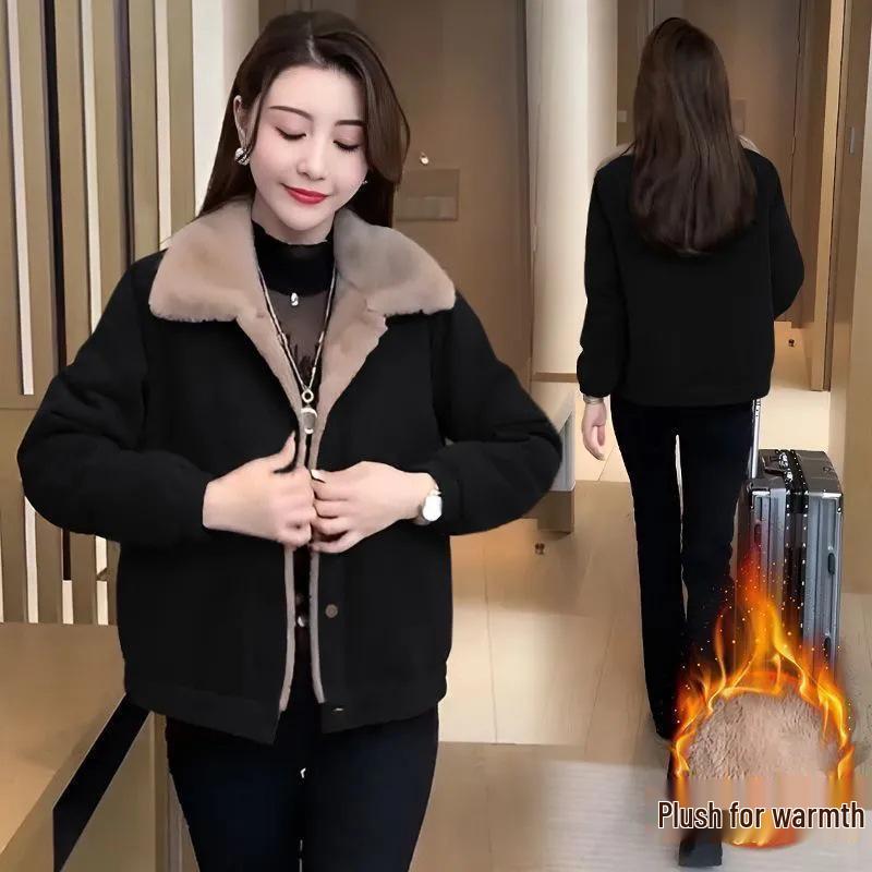 Chic Women's Petite Outerwear: Youthful, Fleece-Lined, Loose Slimming Fit for Tummy Concealment – New Autumn/Winter Arrival