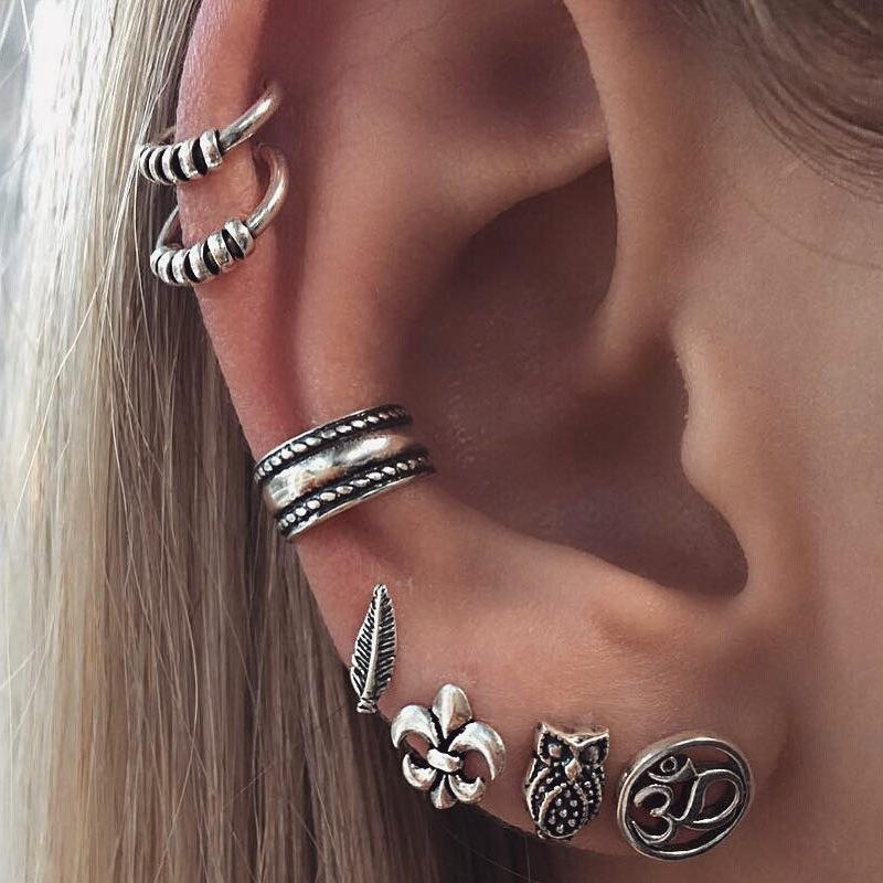 Stud Earrings Bohemian Retro Anchor Leaf Owl Set Earrings Seven-Piece Set Earrings