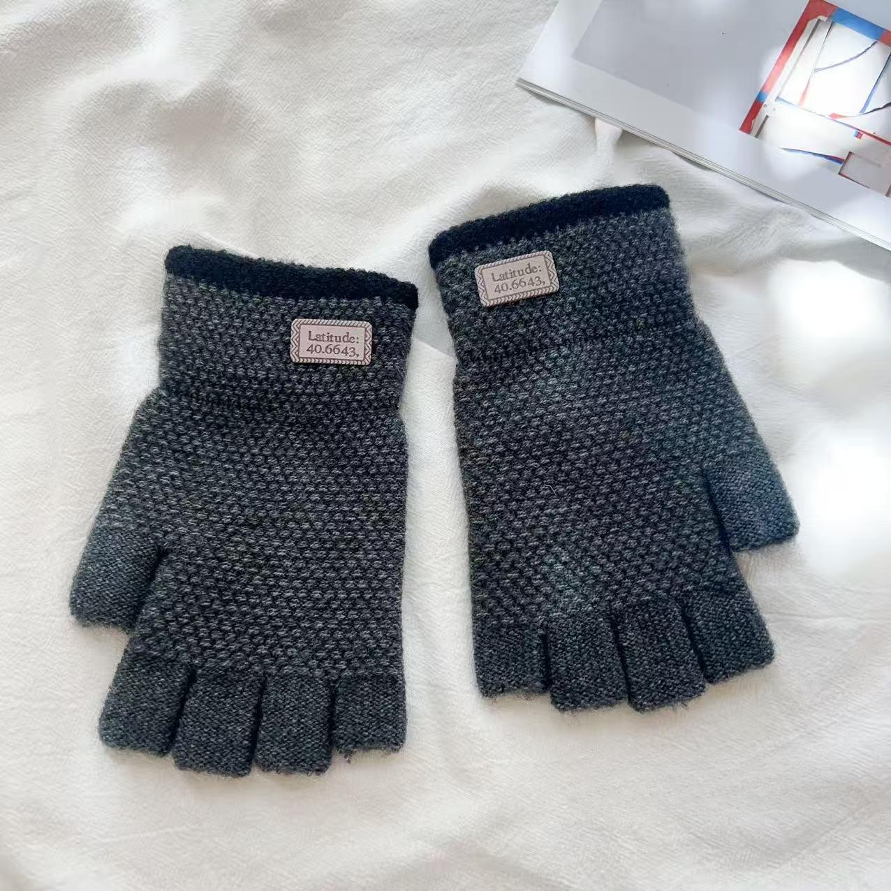 

Мужские непродуваемые перчатки без пальцев Зимние вязаные с утолщенным теплым плюшем для велоспорта Простые с сенсорным экраном Студенческие one size