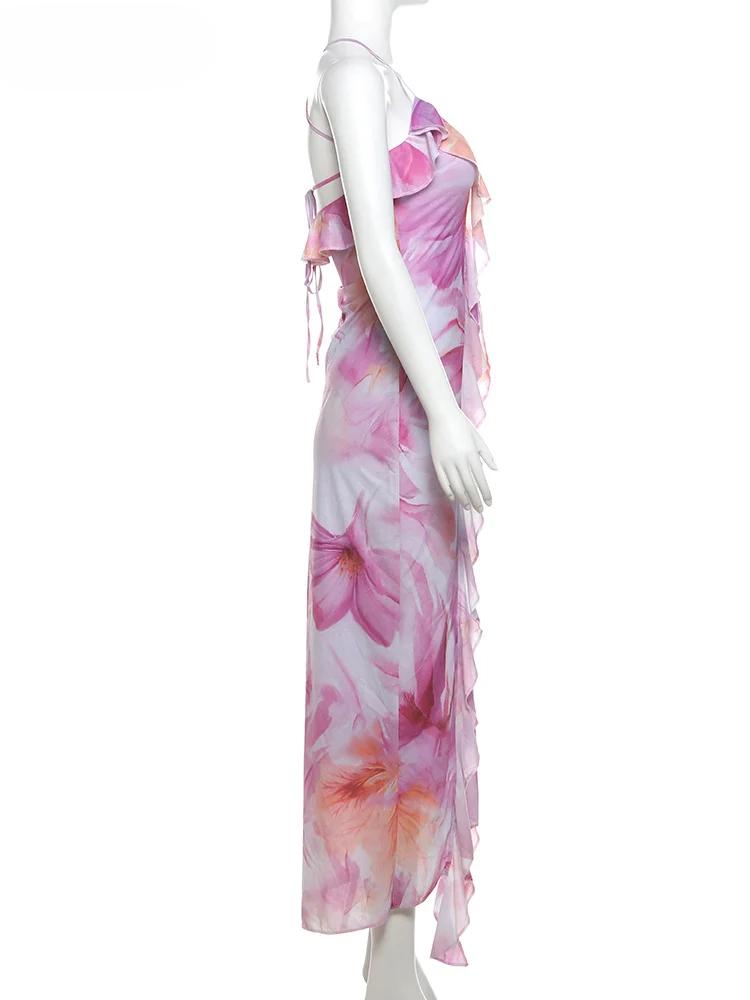 Ladies' Summer Camisole Dress Women Irregular Tassel Print Dress Casual Fashionable Long Skirt