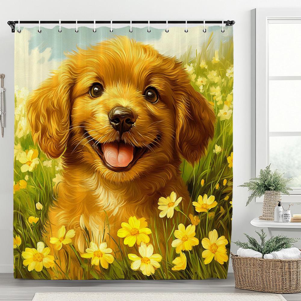 3D Printed Cute Puppies Shower Curtain Lovely Cartoon Animal Bathroom Decorative Curtain, Printed Home Curtain with 12 Hooks