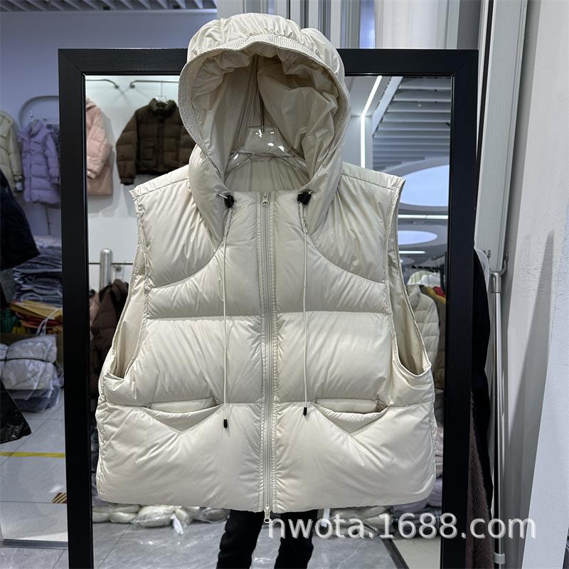 White goose down down vest women's short winter new loose hooded thickened puff vest thermal vest