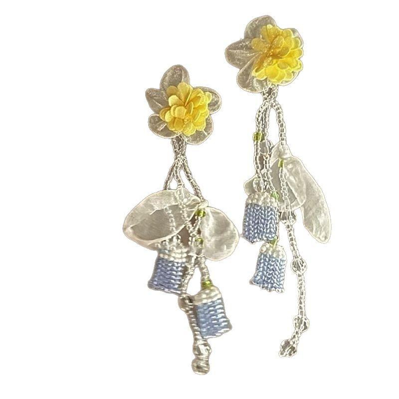 Silver needle chiffon glass rice bead lily of the valley fringed earrings Mori fairy energy earrings seaside vacation style earrings