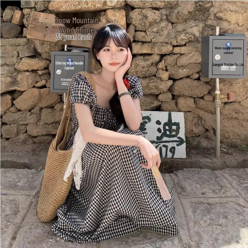 Übergröße Altersdefying Karomuster Puffärmel Quadratischer Ausschnitt Sommerkleid mit Taillen-Schlankmachendem Bindegürtel Langrock