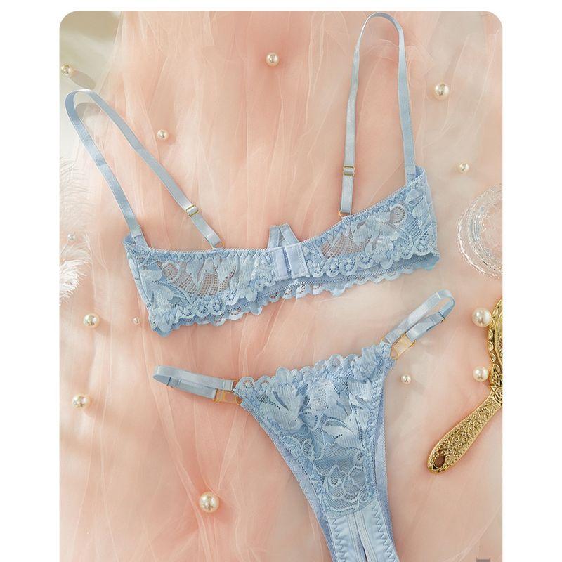 

European and American Women Light Blue Low Cut Lace Embroidery Perspective Sexy Band Steel Ring Adult Underwear Set Light blue XL