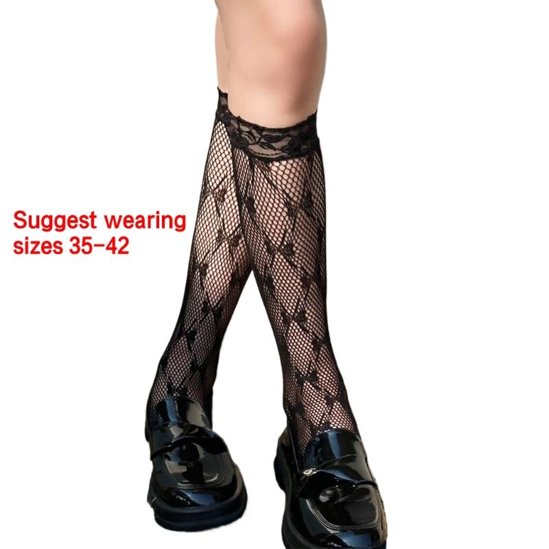 Women Gothic Punk Hollow Out Bowknot Mesh Fishnet Calf Socks Japanese Style Sweet Lace Trim Elastic Knee High Long Socks