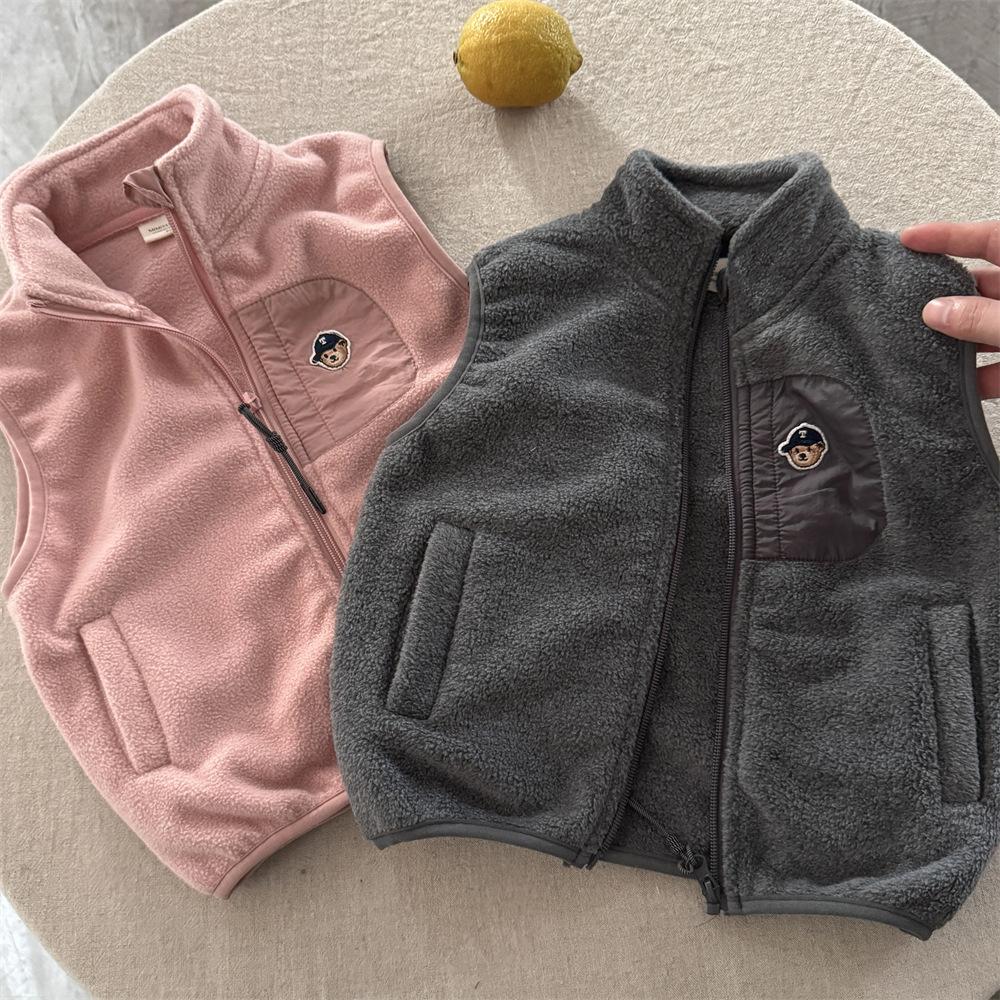 Kids Reversible Fleece Bear Vest for Boys Warm Sleeveless Jacket Autumn Winter