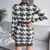Kvinner Høst Vinter Houndstooth Pack Hip V-hals Langermet høy midje strikket kjole SL