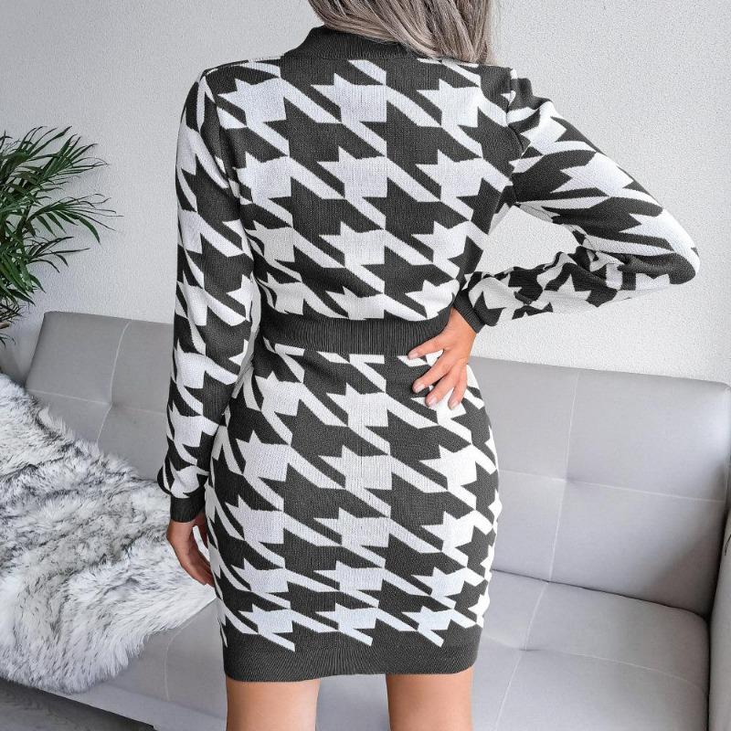 Kvinner Høst Vinter Houndstooth Pack Hip V-hals Langermet høy midje strikket kjole SL