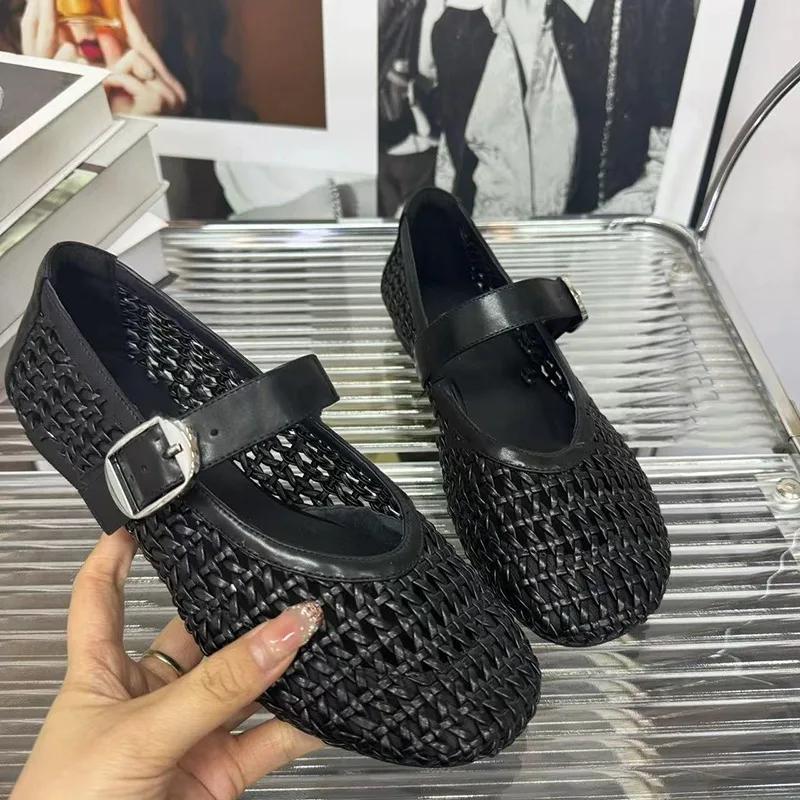 

Модные сетчатые туфли-лодочки Мэри Джейн Женские плетеные летние 2025 тренд мелкие повседневные лоферы Новая кожаная обувь для платья Zapatos Mujer 35 чёрный