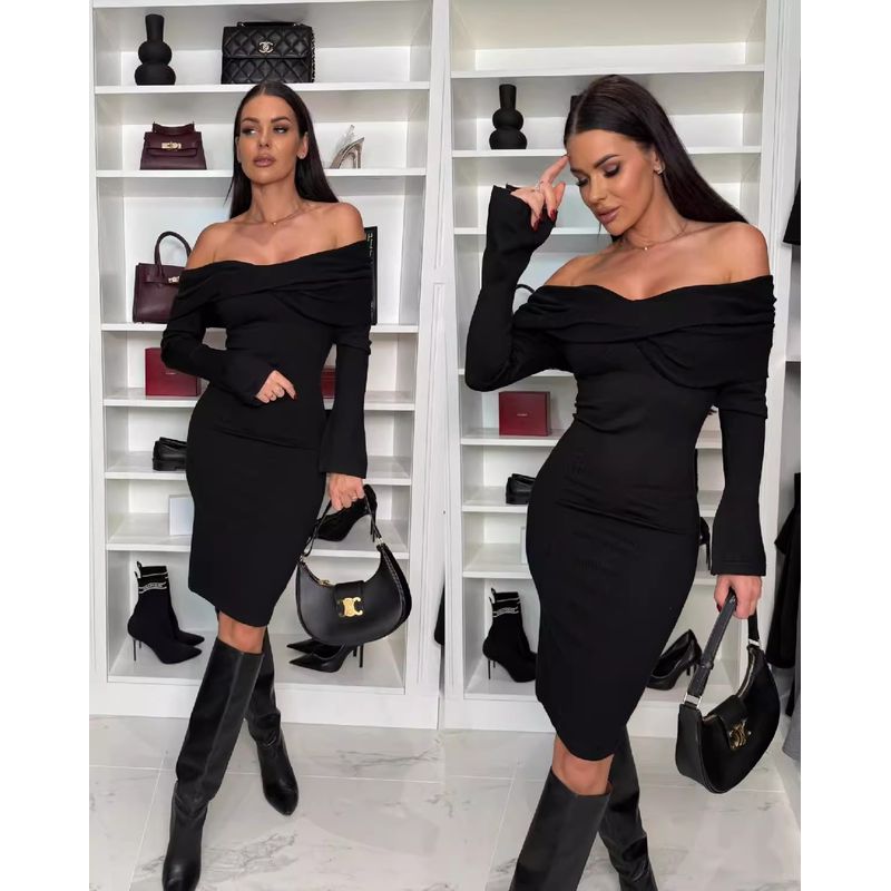

Fashion Style Spring & Fall Winter off-Shoulder Long Sleeves Retro Style Dress Female New Arrival Slim-Fit Red Temperament Long Dress Tide Black M