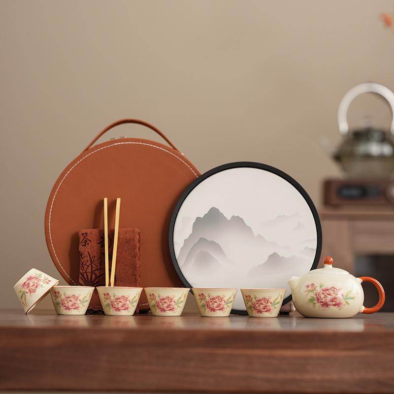 Guochao Ru Kiln Peony Kung Fu Tea Set Home Office Tea Pot Set Commercial Gift