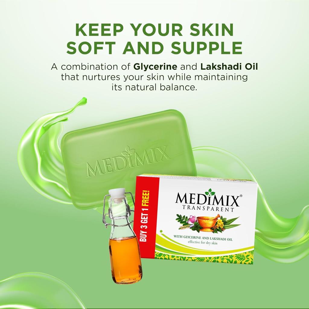 Medimix Transparent Ayurvedic Bathing Bar Soap 125g X 4 Soap | Moisturizing Herbal Cleanse With Glycerine And Lakshadi Oil For Dry Skin Relief