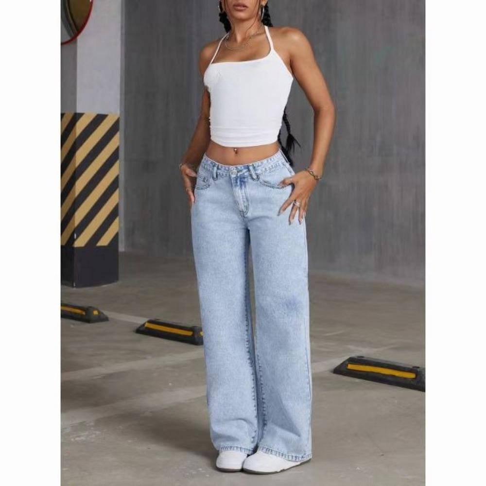 Damen Jeans mit hoher Taille und geradem Bein, Lockere Wide Leg Jeans aus Denim, Säuregewaschen Hellblau Dehnbare Jeans mit Taschen, Lässige Büro-Arbeitshosen