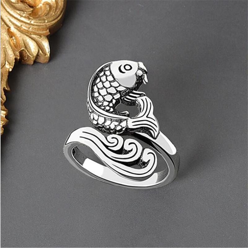 Ethnic Style Creative Year By Year Fish 925 Sterling Silver Jewelry Retro Wave Flower Carp Animal Opening Rings TYB030