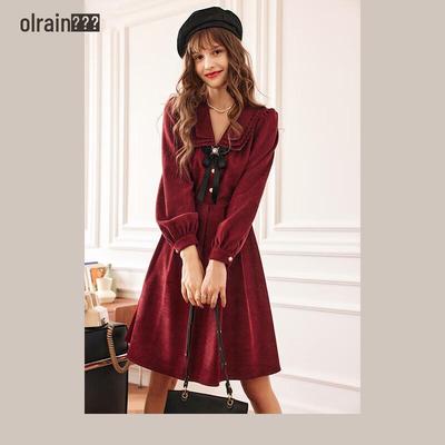 Olrain French Retro Doll Collar Red Dress