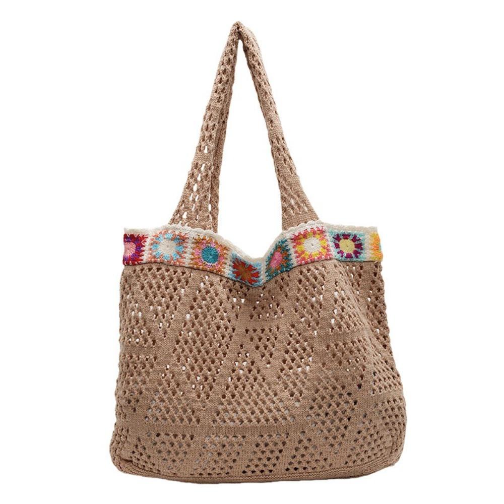

Simple Flower Knitting Shoulder Bag Large Capacity Hollow Crochet Tote Bag Bohemian Shopping Bag Woven Handbag Outdoor/Travel