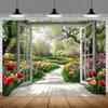 2D Spring Floral Tapestry, Window View To Tulip Garden Wall Hanging for Aesthetic Room