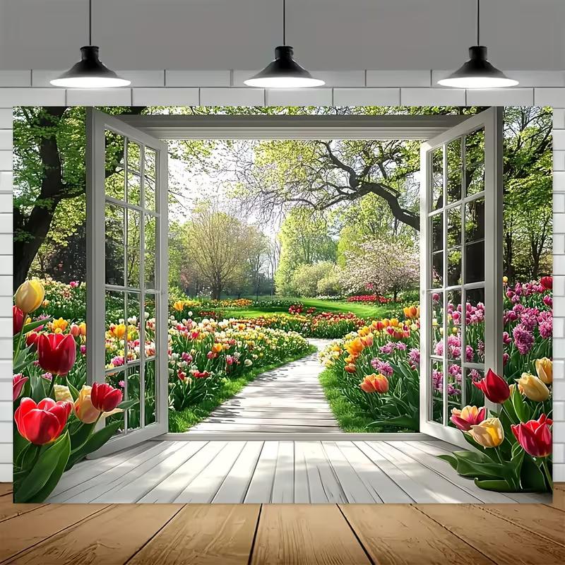 2D Spring Floral Tapestry, Window View To Tulip Garden Wall Hanging for Aesthetic Room