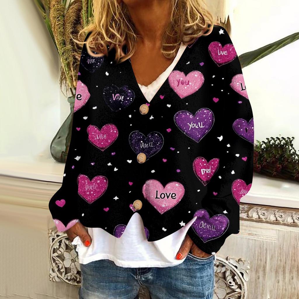 Women's Fashion Short Jacket Casual Long Sleeve Valentine's Day Printed Single Breasted Plush Top