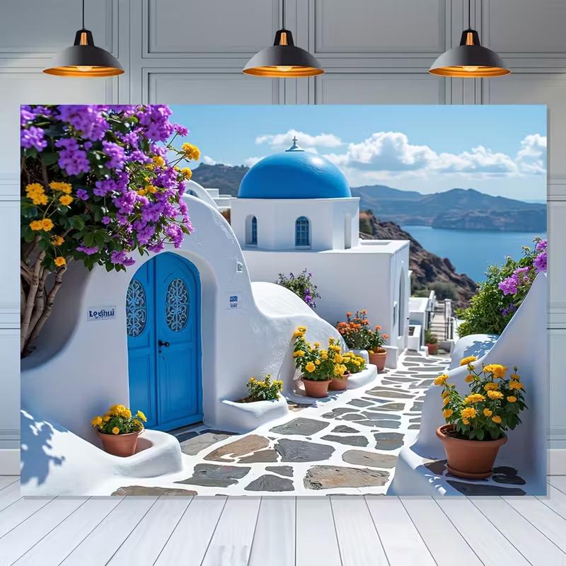 Santorini Greece Tapestry Backdrop, Mediterranean Coastal Background for Photoshoot