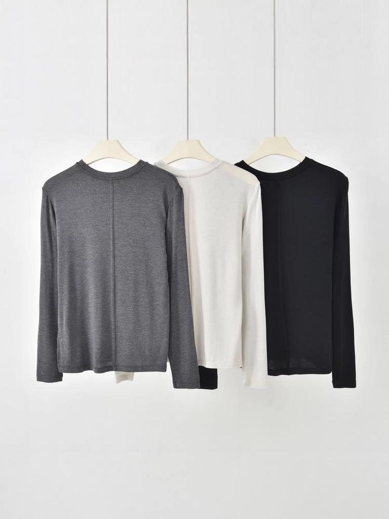 Women's Slim Fit Cashmere Blend Minimalist Round Neck Long Sleeve T-Shirt
