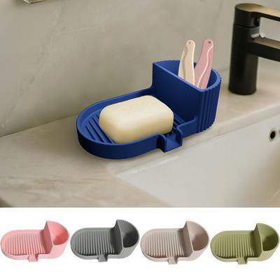 Solid Color Self Draining Soap Box Inclined Drain 2 In 1 Sponge Tray Silicone Soap Dish Sink Area