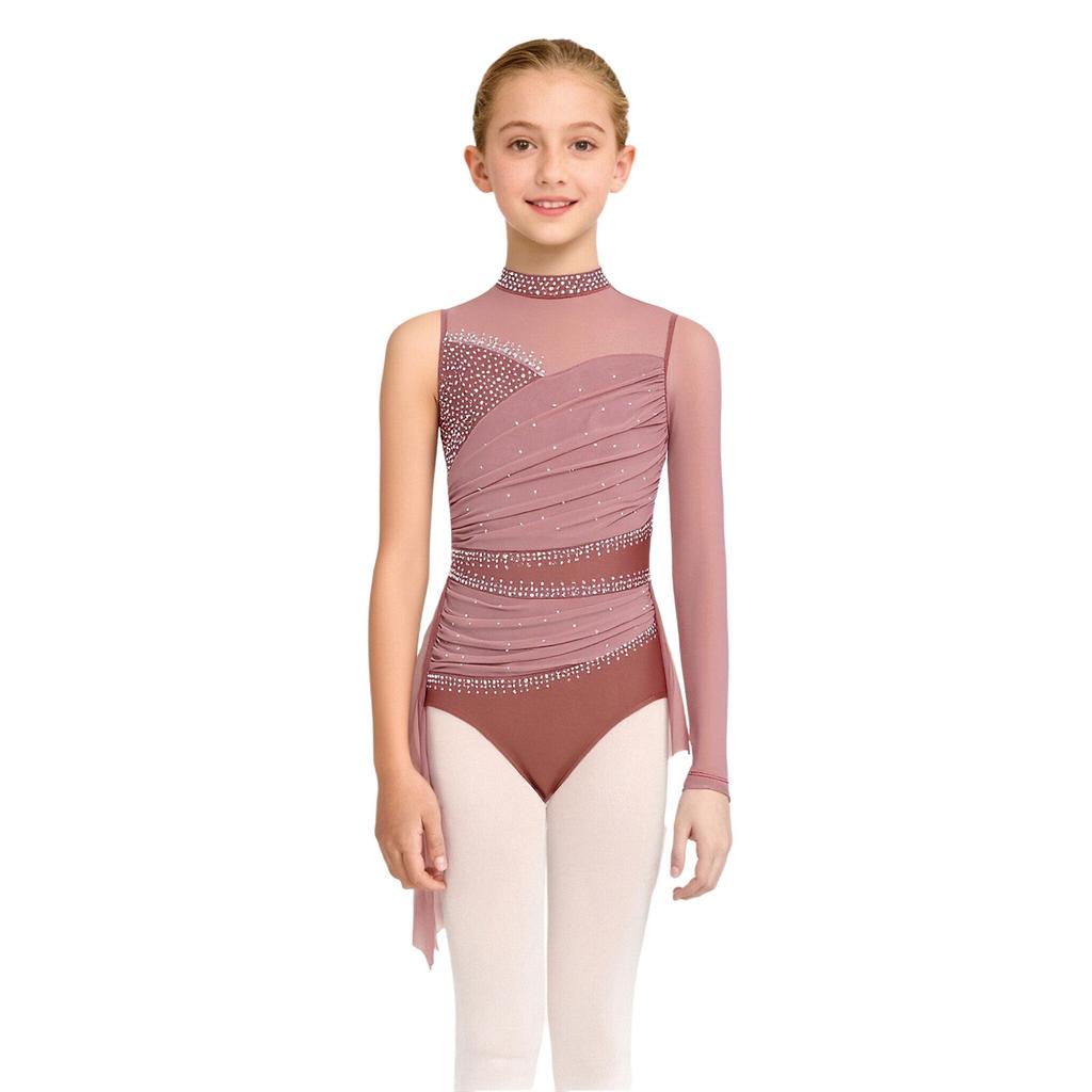 Vestido de Dança Lírica para Meninas Fantasia de Patinação Artística Strass Brilhantes Saia com Sobreposição de Malha Franzida Collant com Saia para Apresentação
