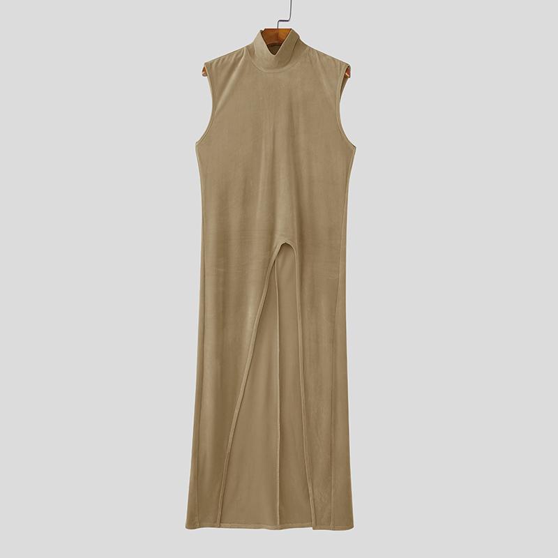 INCERUN Men Turtleneck Sleeveless Ribbed Splits Tops High Low  Long Tunic T-shirts