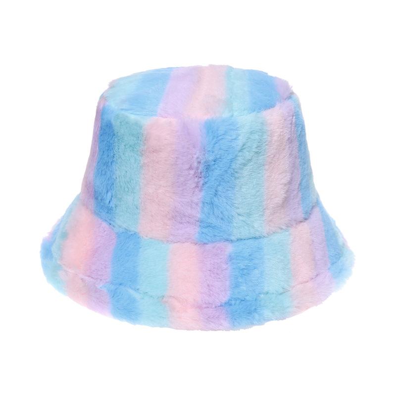Japan and Korea casual fashion rabbit fur hat colorful striped basin hat warm bucket hat women's trend