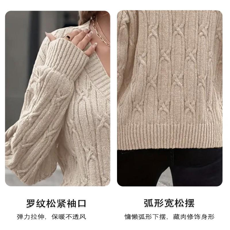 Womens Winter V-Neck Knit Sweater Loose Fit Cable Ribbed Solid Color Casual Chic Top