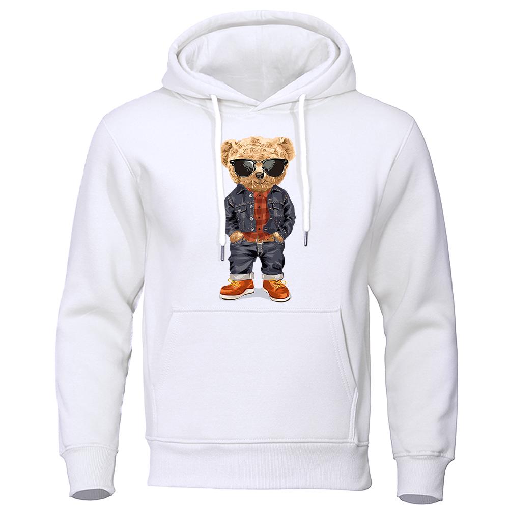 Funny Pose Teddy Bear Prints Men Hoodie Loose Pocket Hoody Autumn Oversize Sweatshirt Fashion Casual Fleece Pullover Unisex