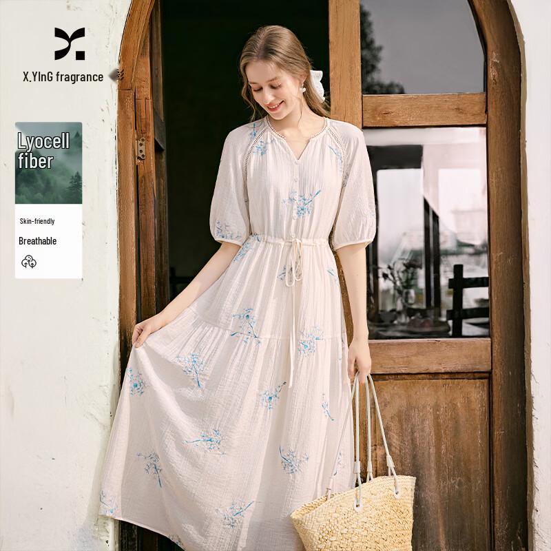 Elegant Tencel Embroidered V-Neck Midi Dress L