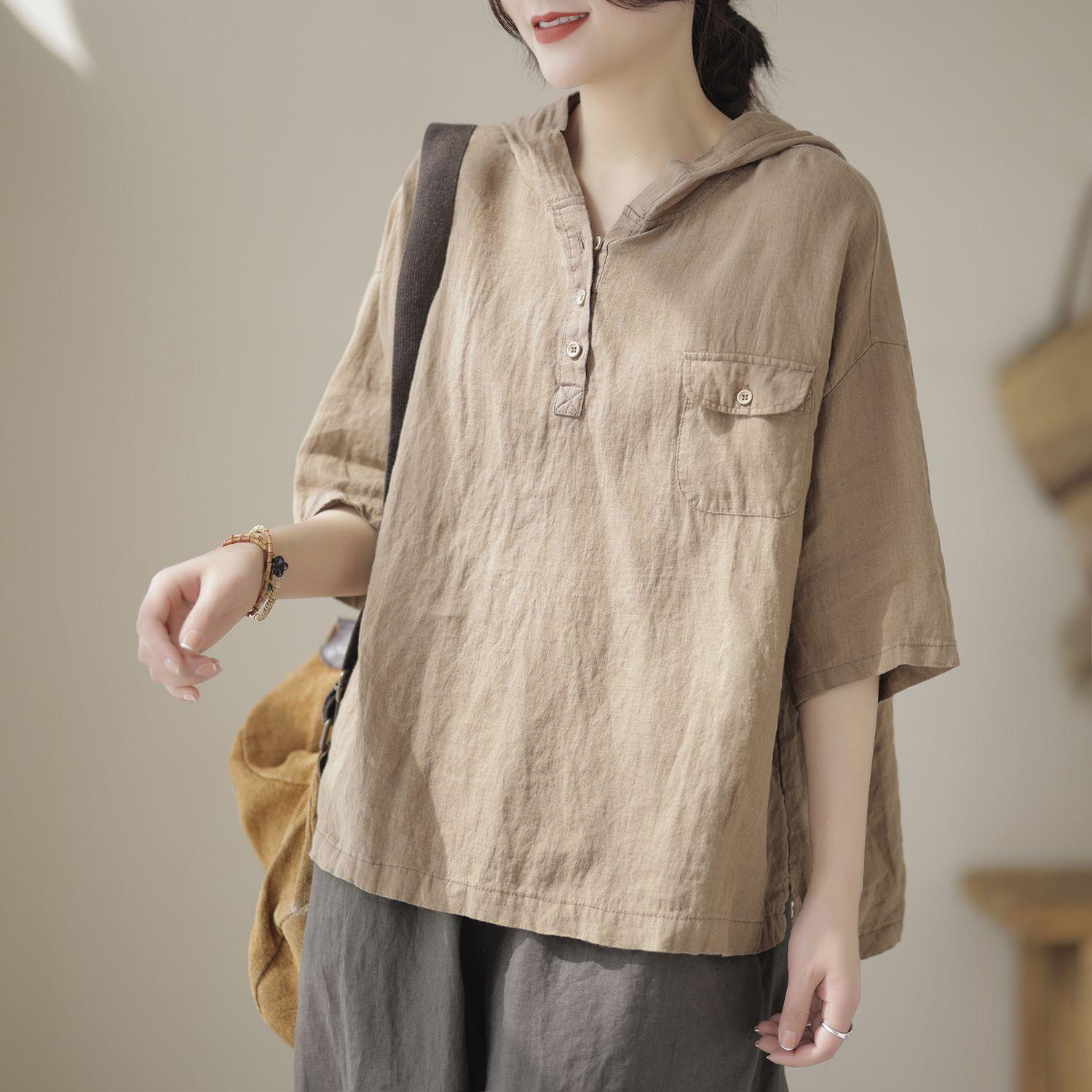 

Футболка с короткими рукавами, женская блузка из хлопка и льна, толстовка с капюшоном, свободная и простая женская футболка L