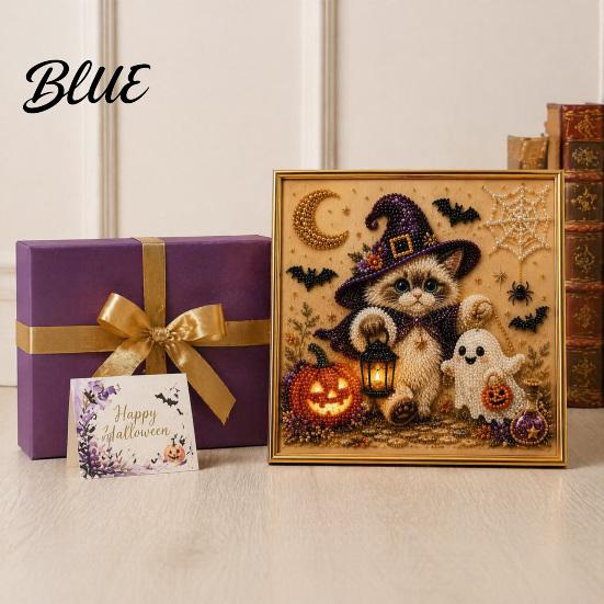 DIY Cat Craft for Adults Halloween Faux Pearl Painting Art Kit Spooky 3D Beads Moonlight Theme Crafts Cute Witch Gem Wall Adults Lovers Beginner