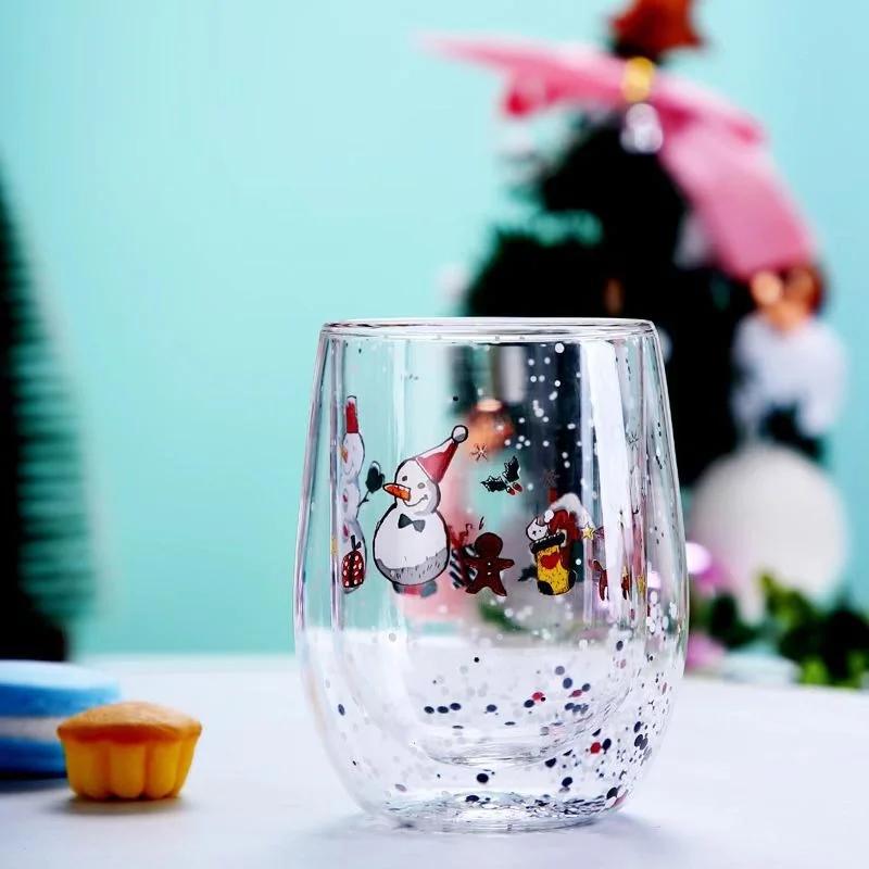 Weihnachts-Doppelwand-Glasbecher, hitzebeständig, Wasserbecher, Weihnachtsbaum, Schneemann-Muster, Saft, Tee, Milch, Kaffeebecher, Weihnachtsgeschenk