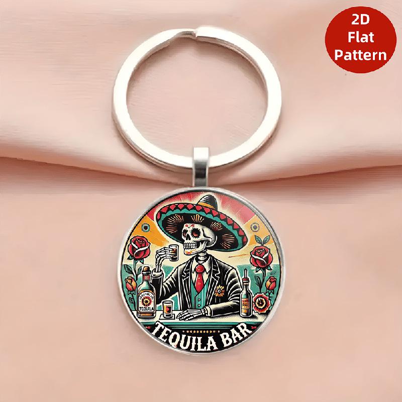 European Bestseller: Colorful Mexican Skull & Hat Keychain Round Pendant