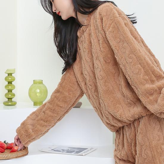 2 buc/set Set pijamale de iarnă din lână corali îngroșată, textura răsucită rotundă