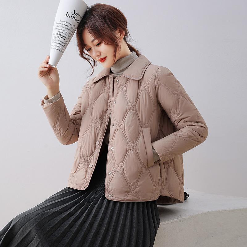 Rhombus down jacket women's short winter small new white duck down doll collar light coat tide