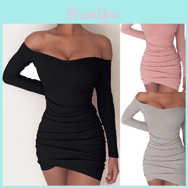 Elegant Women Long Sleeve Off Shoulder Evening Cocktail Party Club Bodycon Mini Dress Us