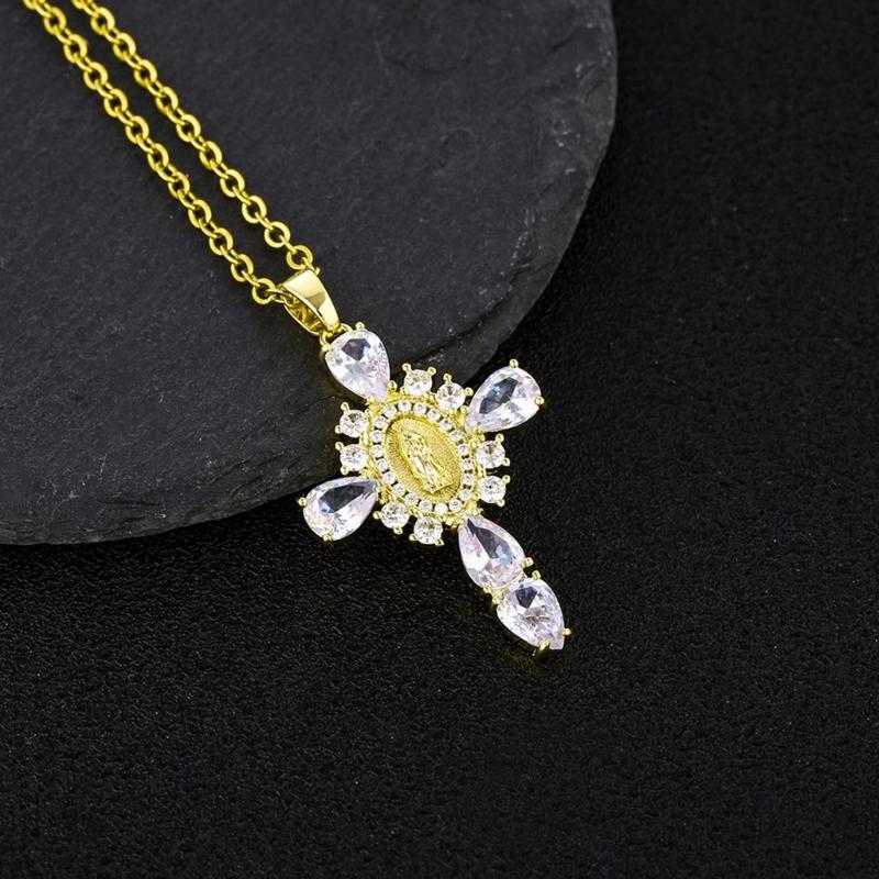 Crucifix Pendant Necklace Unique Cross Maria Charm Clavicle Chain Adjustable Choker Ethnic Style Jewelry Accessory