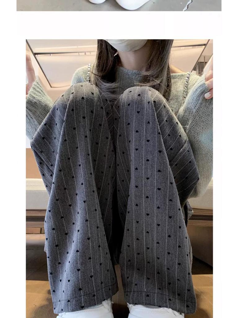 Dark Grey Heart Pattern Wide Leg High Waist Petite Women's Trousers - Spring/Summer Casual Straight Leg Floor Length Pants